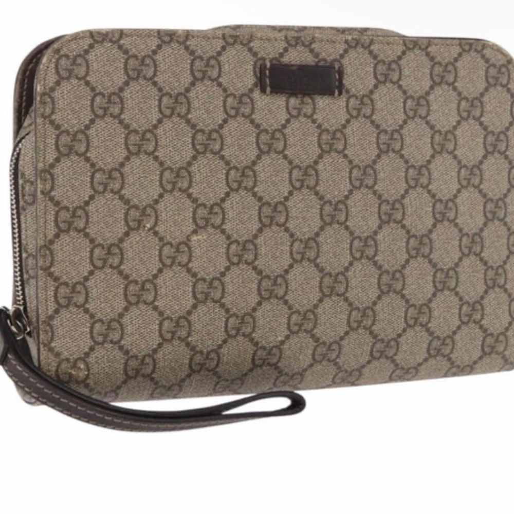 Gucci Brown Monogram Canvas Toiletry Pouch with Wrist Strap